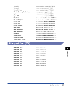 Page 2608-7
Appendix
8
Typeface Samples
Bitmapped Fonts (PCL)
Times Bold
Times Italic
Times Bold Italic
ITC Zapf Chancery Medium Italic
Symbol
SymbolPS
Wingdings
ITC Zapf Dingbats
Courier Bold
Courier Italic
Courier Bold Italic
Letter Gothic
Letter Gothic Bold
Letter Gothic Italic
CourierPS
CourierPS Bold
CourierPS Oblique
CourierPS Bold Oblique
Line Printer (10U)
Line Printer (8U)
Line Printer (0N)
Line Printer (11U)
Line Printer (12U)
Line Printer (1U)
Line Printer (2N)
Line Printer (5N)
Line Printer (6N)
Line...