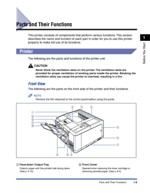 Page 301-5
Before You  Start
1
Parts and Their Functions
Parts and Their Functions
This printer consists of components that perform various functions. This section 
describes the name and function of each part in order for you to use this printer 
properly to make full use of its functions.
 
Printer
The following are the parts and functions of the printer unit.
CAUTION
Never block the ventilation slots on the printer. The ventilation slots are 
provided for proper ventilation of working parts inside the...