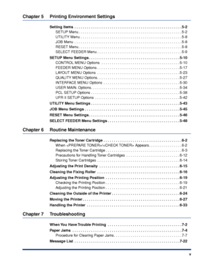 Page 8 v 
Chapter 5 Printing Environment Settings 
Setting Items  . . . . . . . . . . . . . . . . . . . . . . . . . . . . . . . . . . . .\
 . . . . . . . . . . . . . . . . 5-2  
SETUP Menu . . . . . . . . . . . . . . . . . . . . . . . . . . . . . . . . . . . . \
. . . . . . . . . . . . . . 5-2
UTILITY Menu . . . . . . . . . . . . . . . . . . . . . . . . . . . . . . . . . . . .\
 . . . . . . . . . . . . . 5-8
JOB Menu  . . . . . . . . . . . . . . . . . . . . . . . . . . . . . . . . . . . .\
 . . . . . . . . . ....