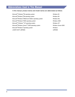 Page 13x
Abbreviations Used in This Manual
In this manual, product names and model names are abbreviated as follows:
Microsoft® Windows®95 operating system: Windows 95
Microsoft
®Windows®98 operating system: Windows 98
Microsoft
®Windows®Millennium Edition operating system: Windows Me
Microsoft
®Windows®2000 operating system: Windows 2000
Microsoft
® Windows® XP operating system: Windows XP
Microsoft
®Windows ServerTM 2003 operating system: Windows Server 2003
Microsoft
®Windows®operating system: Windows
LASER...
