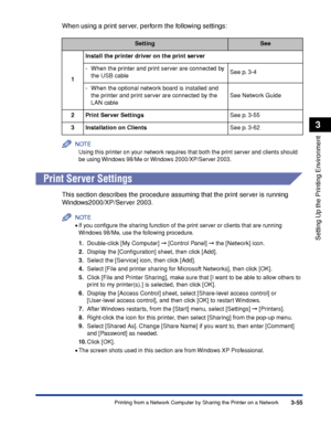 Page 1623-55Printing from a Network Computer by Sharing the Printer on a Network
Setting Up the Printing Environment
3
When using a print server, perform the following settings:
NOTE
Using this printer on your network requires that both the print server and clients should 
be using Windows 98/Me or Windows 2000/XP/Server 2003.
Print Server Settings
This section describes the procedure assuming that the print server is running 
Windows2000/XP/Server 2003.
NOTE
•If you conﬁgure the sharing function of the print...