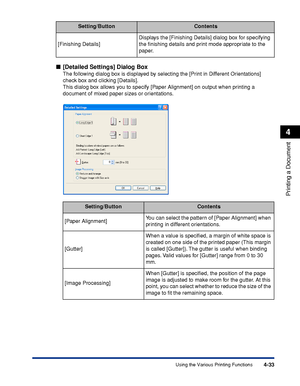 Page 2164-33
Printing a Document
4
Using the Various Printing Functions
[Detailed Settings] Dialog Box
The following dialog box is displayed by selecting the [Print in Different Orientations] 
check box and clicking [Details].
This dialog box allows you to specify [Paper Alignment] on output when printing a 
document of mixed paper sizes or orientations. [Finishing Details]Displays the [Finishing Details] dialog box for specifying 
the ﬁnishing details and print mode appropriate to the 
paper....