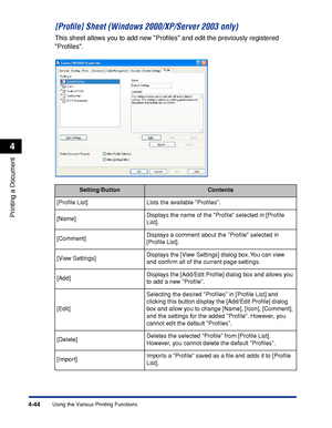 Page 2274-44
Printing a Document
Using the Various Printing Functions
4
[Proﬁle] Sheet (Windows 2000/XP/Server 2003 only)
This sheet allows you to add new Proﬁles and edit the previously registered 
Proﬁles.
Setting/ButtonContents
[Proﬁle List] Lists the available Proﬁles.
[Name]Displays the name of the Proﬁle selected in [Proﬁle 
List].
[Comment]Displays a comment about the Proﬁle selected in 
[Proﬁle List].
[View Settings]Displays the [View Settings] dialog box. You can view 
and conﬁrm all of the current page...