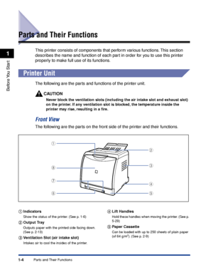 Page 291-4
Before You  Start
1
Parts and Their Functions
Parts and Their Functions
This printer consists of components that perform various functions. This section 
describes the name and function of each part in order for you to use this printer 
properly to make full use of its functions.
 
Printer Unit
The following are the parts and functions of the printer unit.
CAUTION
Never block the ventilation slots (including the air intake slot and exhaust slot) 
on the printer. If any ventilation slot is blocked,...