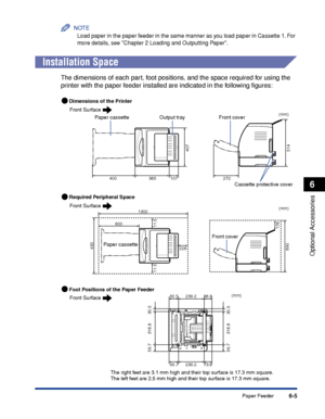 Page 3186-5
Optional Accessories
6
Paper Feeder
NOTE
Load paper in the paper feeder in the same manner as you load paper in Cassette 1. For 
more details, see Chapter 2 Loading and Outputting Paper.
Installation Space
The dimensions of each part, foot positions, and the space required for using the 
printer with the paper feeder installed are indicated in the following ﬁgures:
Front Surface
Front Surface
Front Surface
Required Peripheral Space Dimensions of the Printer
Foot Positions of the Paper Feeder
Paper...