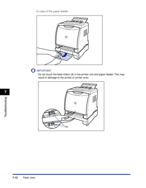 Page 3597-12
Troubleshooting
7
Paper Jams
In case of the paper feeder
IMPORTANT
Do not touch the feed rollers (A) in the printer unit and paper feeder. This may 
result in damage to the printer or printer error.
(A)
 