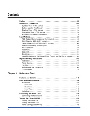 Page 5 
ii 
Contents 
Preface  . . . . . . . . . . . . . . . . . . . . . . . . . . . . . . . . . . . . . . . . . . . . . . . . . . . . . . . .  viii
How To Use This Manual . . . . . . . . . . . . . . . . . . . . . . . . . . . . . . . . . . . . . . . . . .  viii 
Symbols Used in This Manual  . . . . . . . . . . . . . . . . . . . . . . . . . . . . . . . . . . . . . viii
Buttons Used in This Manual . . . . . . . . . . . . . . . . . . . . . . . . . . . . . . . . . . . . . . viii
Displays Used in This Manual  . . ....