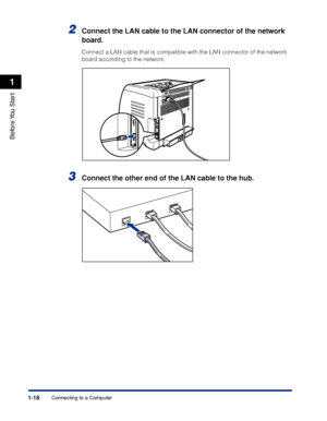 Page 431-18
Before You  Start
1
Connecting to a Computer
2Connect the LAN cable to the LAN connector of the network 
board.
Connect a LAN cable that is compatible with the LAN connector of the network 
board according to the network.
3Connect the other end of the LAN cable to the hub.
 