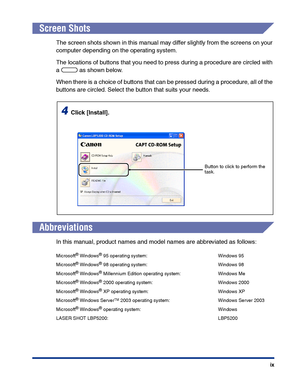 Page 12 
ix 
Screen Shots 
The screen shots shown in this manual may differ slightly from the screens on your 
computer depending on the operating system.
The locations of buttons that you need to press during a procedure are circled with 
a   as shown below.
When there is a choice of buttons that can be pressed during a procedure, all of the 
buttons are circled. Select the button that suits your needs. 
Abbreviations 
In this manual, product names and model names are abbreviated as follows: 
Microsoft 
®...