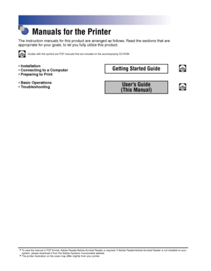 Page 3 
Manuals for the Printer 
The instruction manuals for this product are arranged as follows. Read the sections that are 
appropriate for your goals, to let you fully utilize this product.
CD-ROM
 
Guides with this symbol are PDF manuals that are included on the accompanying CD-ROM. 
•
 
Installation 
•
 
Connecting to a Computer 
•
 
Preparing to Print 
Getting Started Guide
CD-ROM
 
•
 
Basic Operations 
•
 
Troubleshooting 
Users Guide
(This Manual)
CD-ROM
 
•
 
To view the manual in PDF format, Adobe...