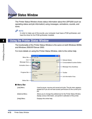 Page 239Printer Status Window4-72
Printing a Document
4
Printer Status Window
The Printer Status Window shows status information about the LBP5200 (such as 
operating status and job information) using messages, animations, sounds, and 
icons.
NOTE
In order to make use of the sounds, your computer must have a PCM synthesizer, and 
have the driver for the PCM synthesizer installed.
Using the Printer Status Window
The functionality of the Printer Status Window is the same on both Windows 98/Me 
and Windows...