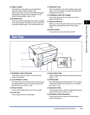 Page 28Component Names and Functions1-5
Before You Start Using This Printer
1
ee e e
Paper Guides
The positions of the guides can be adjusted to 
match the width of paper loaded in the 
multi-purpose tray. The tray is also ﬁtted with paper 
limit guides, and paper can be loaded up to the 
bottom of these guides. (See p. 2-18)
ff f f
Auxiliary Tray
This tray should be extended when paper is loaded 
in the multi-purpose tray. Make sure you extend this 
tray before loading paper in the multi-purpose tray.
gg g g...