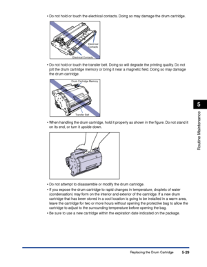 Page 276Replacing the Drum Cartridge5-29
Routine Maintenance
5
•Do not hold or touch the electrical contacts. Doing so may damage the drum cartridge.
•Do not hold or touch the transfer belt. Doing so will degrade the printing quality. Do not 
jolt the drum cartridge memory or bring it near a magnetic ﬁeld. Doing so may damage 
the drum cartridge.
•When handling the drum cartridge, hold it properly as shown in the ﬁgure. Do not stand it 
on its end, or turn it upside down.
•Do not attempt to disassemble or modify...