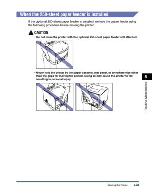 Page 290Moving the Printer5-43
Routine Maintenance
5
When the 250-sheet paper feeder is installed
If the optional 250-sheet paper feeder is installed, remove the paper feeder using 
the following procedure before moving the printer.
CAUTION
•Do not move the printer with the optional 250-sheet paper feeder still attached.
•Never hold the printer by the paper cassette, rear panel, or anywhere else other 
than the grips for moving the printer. Doing so may cause the printer to fall, 
resulting in personal injury.
 