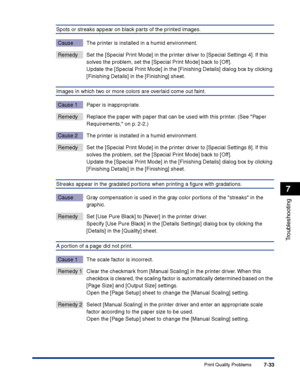 Page 348Print Quality Problems7-33
Troubleshooting
7
Spots or streaks appear on black parts of the printed images.
Cause The printer is installed in a humid environment.
Remedy Set the [Special Print Mode] in the printer driver to [Special Settings 4]. If this 
solves the problem, set the [Special Print Mode] back to [Off].
Update the [Special Print Mode] in the [Finishing Details] dialog box by clicking 
[Finishing Details] in the [Finishing] sheet.
Images in which two or more colors are overlaid come out...