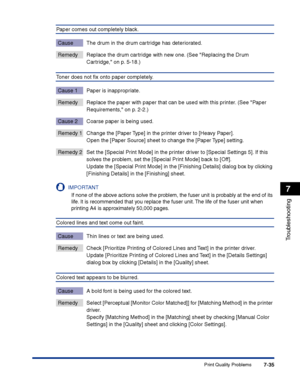 Page 350Print Quality Problems7-35
Troubleshooting
7
Paper comes out completely black.
Cause The drum in the drum cartridge has deteriorated.
Remedy Replace the drum cartridge with new one. (See Replacing the Drum 
Cartridge, on p. 5-18.)
Toner does not ﬁx onto paper completely.
Cause 1 Paper is inappropriate.
Remedy Replace the paper with paper that can be used with this printer. (See Paper 
Requirements, on p. 2-2.)
Cause 2 Coarse paper is being used.
Remedy 1 Change the [Paper Type] in the printer driver to...