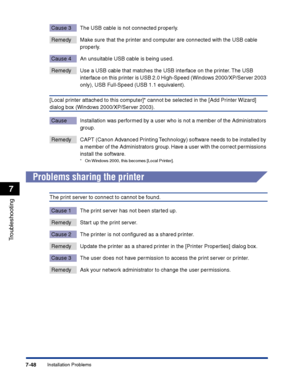 Page 363Installation Problems7-48
Troubleshooting
7
Cause 3 The USB cable is not connected properly.
Remedy Make sure that the printer and computer are connected with the USB cable 
properly.
Cause 4 An unsuitable USB cable is being used.
Remedy Use a USB cable that matches the USB interface on the printer. The USB 
interface on this printer is USB 2.0 High-Speed (Windows 2000/XP/Server 2003 
only), USB Full-Speed (USB 1.1 equivalent).
[Local printer attached to this computer]* cannot be selected in the [Add...