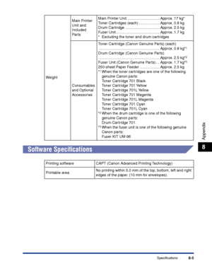 Page 370Specifications8-5
Appendix
8Software Speciﬁcations
WeightMain Printer 
Unit and 
Included 
Par tsMain Printer Unit ............................... Approx. 17 kg*
Toner Cartridges (each) .................... Approx. 0.8 kg
Drum Cartridge ................................. Approx. 2.5 kg
Fuser Unit.......................................... Approx. 1.7 kg
*Excluding the toner and drum cartridges
Consumables 
and Optional 
AccessoriesToner Cartridge (Canon Genuine Parts) (each)...