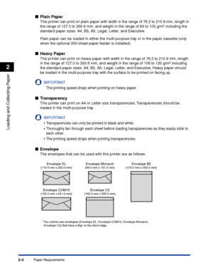 Page 43Paper Requirements2-4
Loading and Collecting Paper
2
■Plain Paper
This printer can print on plain paper with width in the range of 76.2 to 215.9 mm, length in 
the range of 127.0 to 355.6 mm, and weight in the range of 64 to 105 g/m2 including the 
standard paper sizes: A4, B5, A5, Legal, Letter, and Executive.
Plain paper can be loaded in either the multi-purpose tray or in the paper cassette (only 
when the optional 250-sheet paper feeder is installed).
■Heavy Paper
This printer can print on heavy...