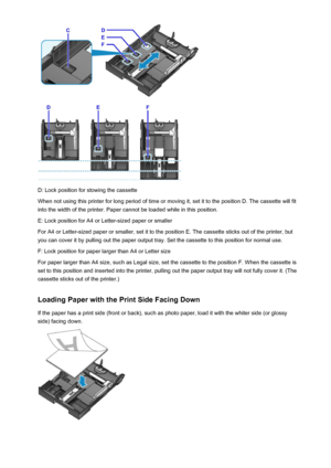 Page 129D: Lock position for stowing the cassette
When not using this printer for long period of time or moving it, set it to the position D. The cassette will fit
into the width of the printer. Paper cannot be loaded while in this position.
E: Lock position for A4 or Letter-sized paper or smaller
For A4 or Letter-sized paper or smaller, set it to the position E. The cassette sticks out of the printer, but you can cover it by pulling out the paper output tray. Set the cassette to this position for normal use.
F:...