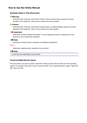 Page 14How to Use the Online ManualSymbols Used in This Document
WarningInstructions that, if ignored, could result in death or serious personal injury caused by incorrect
operation of the equipment. These must be observed for safe operation.
Caution
Instructions that, if ignored, could result in personal injury or material damage caused by incorrect
operation of the equipment. These must be observed for safe operation.
Important
Instructions including important information. To avoid damage and injury or...