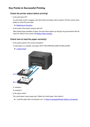 Page 290Key Points to Successful PrintingCheck the printer status before printing!•
Is the print head OK?
If a print head nozzle is clogged, print will be faint and papers will be wasted. Print the nozzle check
pattern to check the print head.
Maintenance Procedure
•
Is the inside of the printer smeared with ink?
After printing large quantities of paper, the area where papers go through may get smeared with ink.
Clean the inside of your printer with 
Bottom Plate Cleaning .
Check how to load the paper...