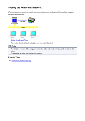 Page 302Sharing the Printer on a NetworkWhen computers are used in a network environment, documents can be printed from multiple computersthat share a single printer.•
Setting Up a Shared Printer
This section describes how to set up the print server and the client.
Note
•
The Windows versions of the computers connected to the network do not necessarily have to be the same.
•
To set up the fax driver, use the same procedure.
Related Topic
Restrictions on Printer Sharing
302
 