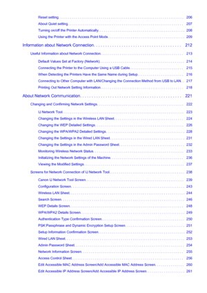 Page 5Reset setting. . . . . . . . . . . . . . . . . . . . . . . . . . . . . . . . . . . . . . . . . . . . . . . . . . . . . . . . . . . . . . . . .   206
About Quiet setting. . . . . . . . . . . . . . . . . . . . . . . . . . . . . . . . . . . . . . . . . . . . . . . . . . . . . . . . . . . .   207
Turning on/off the Printer Automatically. . . . . . . . . . . . . . . . . . . . . . . . . . . . . . . . . . . . . . . . . . . . .  208
Using the Printer with the Access Point Mode. . . . . . . . . . . . . . . . . ....