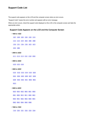 Page 531Support Code ListThe support code appears on the LCD and the computer screen when an error occurs.
"Support Code" means the error number and appears with an error message.
When an error occurs, check the support code displayed on the LCD or the computer screen and take the
appropriate action.
Support Code Appears on the LCD and the Computer Screen•
1000 to 1ZZZ
10071008120013001303131013131314157516001660168817001701175417551872187318741890    •
2000 to 2ZZZ
211121122113212121222500•
4000 to...