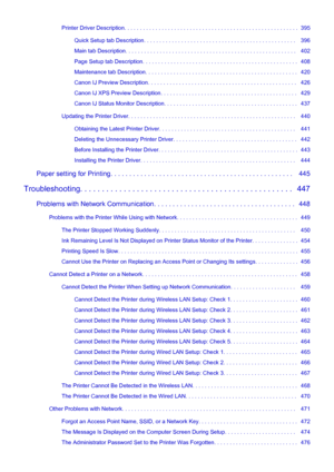 Page 8Printer Driver Description. . . . . . . . . . . . . . . . . . . . . . . . . . . . . . . . . . . . . . . . . . . . . . . . . . . . . . . .  395Quick Setup tab Description. . . . . . . . . . . . . . . . . . . . . . . . . . . . . . . . . . . . . . . . . . . . . . . . .   396
Main tab Description. . . . . . . . . . . . . . . . . . . . . . . . . . . . . . . . . . . . . . . . . . . . . . . . . . . . . . .   402
Page Setup tab Description. . . . . . . . . . . . . . . . . . . . . . . . . . . . . . . . . . . . ....