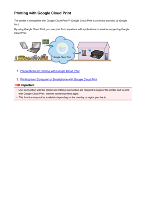 Page 81Printing with Google Cloud PrintThe printer is compatible with Google Cloud Print™ (Google Cloud Print is a service provided by GoogleInc.).
By using Google Cloud Print, you can print from anywhere with applications or services supporting Google
Cloud Print.1.
Preparations for Printing with Google Cloud Print
2.
Printing from Computer or Smartphone with Google Cloud Print
Important
•
LAN connection with the printer and Internet connection are required to register the printer and to print
with Google...