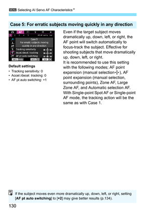 Page 132
3 Selecting AI Servo AF Characteristics N
130
Even if the target subject moves 
dramatically up, down, left, or right, the 
AF point will switch automatically to 
focus-track the subject. Effective for 
shooting subjects that move dramatically 
up, down, left, or right.
It is recommended to use this setting 
with the following modes; AF point 
expansion (manual selection ), AF 
point expansion (manual selection, 
surrounding points), Zone AF, Large 
Zone AF, and Automatic selection AF.
With Single-point...