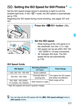 Page 179
177
Set the ISO speed (image sensor’s sensitivity to light) to suit the 
ambient light level. In the < A> mode, the ISO speed is automatically 
set (p.179).
Regarding the ISO speed during movie shooting, see pages 337 and 
341.
1Press the < m> button (9 ).
2Set the ISO speed.
 While looking at the LCD panel or in 
the viewfinder, turn the < 6> dial.
  ISO speed can be set within ISO 100 
- ISO 32000 in 1/3-stop increments.
  “A ” indicates ISO Auto. The ISO 
speed will be set automatically 
(p.179).
ISO...