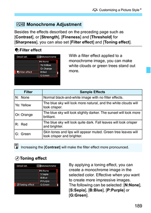 Page 191
189
A Customizing a Picture Style N
Besides the effects described on the preceding page such as 
[Contrast ], or [Strength ], [Fineness ] and [Threshold ] for 
[Sharpness ], you can also set [ Filter effect] and [Toning effect ].
k Filter effect
With a filter effect applied to a 
monochrome image, you can make 
white clouds or green trees stand out 
more. 
lToning effect
By applying a toning effect, you can 
create a monochrome image in the 
selected color. Effective when you want 
to create more...