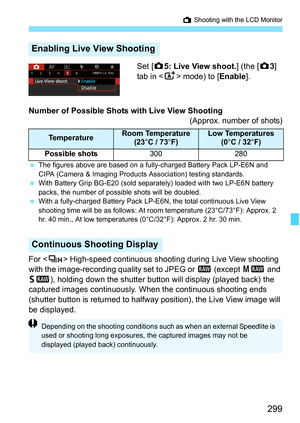 Page 301
299
A Shooting with the LCD Monitor
Set [ z5: Live View shoot. ] (the [z3] 
tab in < A> mode) to [ Enable].
Number of Possible Shots with Live View Shooting (Approx. number of shots)
 The figures above are based on a fully-charged Battery Pack LP-E6N and 
CIPA (Camera & Imaging Products Association) testing standards.
  With Battery Grip BG-E20 (sold separately) loaded with two LP-E6N battery 
packs, the number of possible shots will be doubled.
  With a fully-charged Battery Pack LP-E6N, the total...