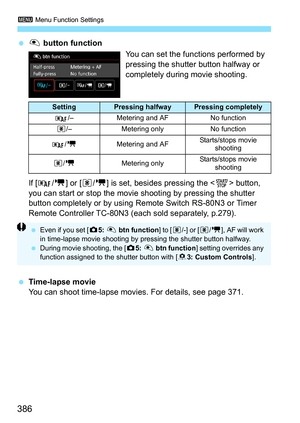 Page 388
3 Menu Function Settings
386
 V  button function
You can set the functions performed by 
pressing the shutter button halfway or 
completely during movie shooting.
If [ / k] or [ q/k ] is set, besides pressing the < 0> button, 
you can start or stop the movie shooting by pressing the shutter 
button completely or by using Remote Switch RS-80N3 or Timer 
Remote Controller TC-80N3 (each sold separately, p.279).
  Time-lapse movie
You can shoot time-lapse movi es. For details, see page 371.
SettingPressing...