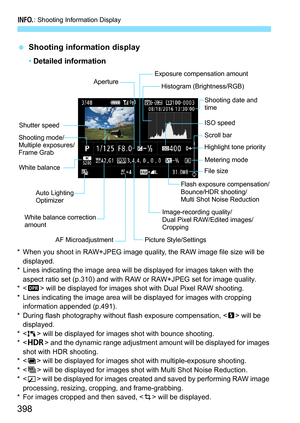 Page 400
B: Shooting Information Display
398
 Shooting information display
• Detailed information
* When you shoot in RAW+JPEG image quality, the RAW image file size will be 
displayed.
* Lines indicating the image area will be  displayed for images taken with the 
aspect ratio set (p.310) and with RAW or RAW+JPEG set for image quality.
*< U > will be displayed for images shot with Dual Pixel RAW shooting.
* Lines indicating the image area will  be displayed for images with cropping 
information appended...
