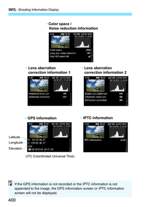 Page 402
B: Shooting Information Display
400
• Color space / 
Noise reduction information
• Lens aberration 
correction information 1 •
Lens aberration 
correction information 2
Latitude
Elevation
Longitude
UTC (Coordinated Universal Time)
• GPS information •
IPTC information
If the GPS information is not recorded or the IPTC information is not 
appended to the image, the GPS information screen or IPTC information 
screen will not be displayed. 