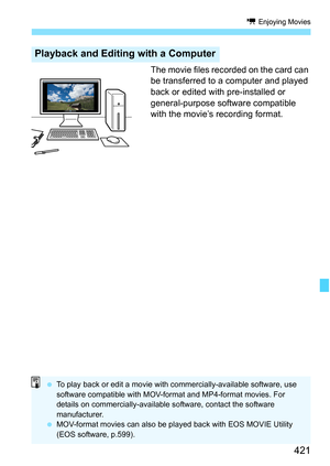Page 423
421
k Enjoying Movies
The movie files recorded on the card can 
be transferred to a computer and played 
back or edited with pre-installed or 
general-purpose software compatible 
with the movie’s recording format.
Playback and Editing with a Computer
 To play back or edit a movie with commercially-available software, use 
software compatible with MOV-format and MP4-format movies. For 
details on commercially-available so ftware, contact the software 
manufacturer.
  MOV-format movies can also be pl...