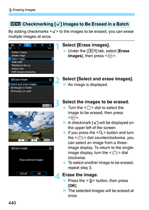 Page 442
L Erasing Images
440
By adding checkmarks < X> to the images to be erased, you can erase 
multiple images at once.
1Select [Erase images].
  Under the [ 31] tab, select [ Erase 
images ], then press < 0>.
2Select [Select and erase images].
XAn image is displayed.
3Select the images to be erased.
  Turn the < 5> dial to select the 
image to be erased, then press 
< 0 >.
X A checkmark [ X] will be displayed on 
the upper left of the screen.
  If you press the < u> button and turn 
the < 6> dial...