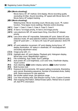 Page 524
w: Registering Custom Shooting Modes N
522
[z 4 (Movie shooting) ]
  Movie Servo AF, AF method, Grid display, Movie recording quality  (excluding 24.00p), Sound recording, AF speed with Movie Servo AF, 
Movie Servo AF subject tracking
[ z 5 (Movie shooting) ]
  Metering timer, Movie recording count, Movie play count,  V button 
function, Time-lapse movie (setting), Remote control shooting
[ 2 1] Case 1, Case 2, Case 3, Case 4, Case 5, Case 6
[ 2 2] AI Servo 1st image priority, AI Servo 2nd image...