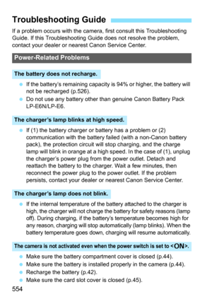 Page 556
554
If a problem occurs with the camera, first consult this Troubleshooting 
Guide. If this Troubleshooting Guide does not resolve the problem, 
contact your dealer or nearest Canon Service Center.
  If the battery’s remaining capacity is 94% or higher, the battery will 
not be recharged (p.526).
  Do not use any battery other than genuine Canon Battery Pack 
LP-E6N/LP-E6.
  If (1) the battery charger or battery has a problem or (2) 
communication with the battery failed (with a non-Canon battery...