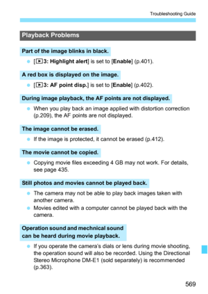 Page 571
569
Troubleshooting Guide
 [3 3: Highlight alert ] is set to [Enable] (p.401).
  [3 3: AF point disp. ] is set to [Enable] (p.402).
  When you play back an image appli ed with distortion correction 
(p.209), the AF points are not displayed.
  If the image is protected, it cannot be erased (p.412).
  Copying movie files exceeding 4 GB may not work. For details, 
see page 435.
  The camera may not be able to  play back images taken with 
another camera.
  Movies edited with a computer cannot be played...