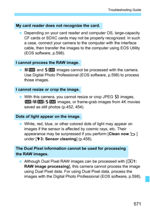 Page 573
571
Troubleshooting Guide
 Depending on your card reader and computer OS, large-capacity 
CF cards or SDXC cards may not be properly recognized. In such 
a case, connect your camera to the computer with the interface 
cable, then transfer the images to the computer using EOS Utility 
(EOS software, p.598).
  41  and 61  images cannot be processed with the camera. 
Use Digital Photo Professional (E OS software, p.598) to process 
those images.
  With this camera, you cannot resize or crop JPEG  c images,...