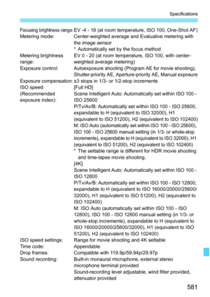 Page 583
581
Specifications
Focusing brightness range:EV -4 - 18 (at room temperature, ISO 100, One-Shot AF)
Metering mode: Center-weighted average and Evaluative metering with  the image sensor
* Automatically set by the focus method
Metering brightness 
range: EV 0 - 20 (at room temperature, ISO 100, with center-
weighted average metering)
Exposure control:
Autoexposure shooting (Program AE for movie shooting), 
Shutter-priority AE, Aperture-p riority AE, Manual exposure
Exposure compensation:
±3 stops in 1/3-...