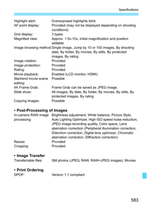 Page 585
583
Specifications
Highlight alert: Overexposed highlights blink
AF point display: Provided (may not be displayed depending on shooting conditions)
Grid display: 3 types
Magnified view: Approx. 1.5x-10x, initial magnification and position  settable
Image browsing method:Single image,  Jump by 10 or 100 images, By shooting 
date, By folder, By movies , By stills, By protected 
images, By rating
Image rotation: Provided
Image protection: Provided
Rating: Provided
Movie playback: Enabled (LCD monitor,...