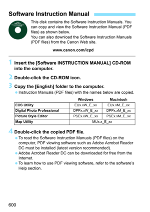 Page 602
600
This disk contains the Software Instruction Manuals. You 
can copy and view the Software Instruction Manual (PDF 
files) as shown below.
You can also download the Software Instruction Manuals 
(PDF files) from the Canon Web site.
www.canon.com/icpd
1Insert the [Software INSTRUCTION MANUAL] CD-ROM 
into the computer.
2Double-click the CD-ROM icon.
3Copy the [English] fold er to the computer.
 Instruction Manuals (PDF files) with the names below are copied.
4Double-click the copied PDF file.
 To read...