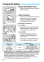 Page 44
42
1Remove the protective cover.
 Detach the protective cover provided 
with the battery.
2Attach the battery.
 As shown in the illustration, attach the 
battery securely to the charger.
  To detach the battery, follow the 
above procedure in reverse.
3Recharge the battery.
For LC-E6
 As shown by the arrow, flip out the 
battery charger’s prongs and insert 
the prongs into a power outlet.
For LC-E6E
 Connect the power cord to the 
charger and insert the plug into a 
power outlet. 
X Recharging starts...