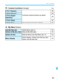 Page 553
551
Menu Settings
8: Custom Functions  (Orange)Page
9: My Menu  (Green)
C.Fn1: Exposure
Customize camera functions as desired
482
C.Fn2: Exposure488
C.Fn3: Display/
Operation489
C.Fn4: Others491
C.Fn5: ClearClear all Custom Function settings481
Add My Menu tabAdd My Menu tabs 1-5515
Delete all My Menu tabsDelete all My Menu tabs518
Delete all itemsDelete all items under My Menu tabs 1-5518
Menu displayNormal display / Display from My Menu tab / 
Display only My Menu tab519 