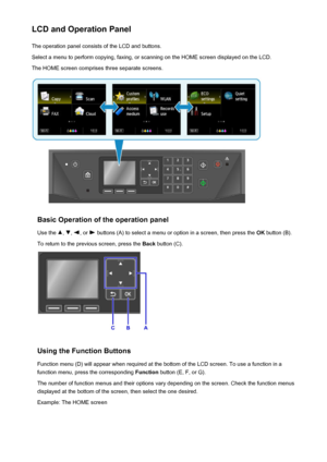 Page 154LCD and Operation PanelThe operation panel consists of the LCD and buttons.
Select a menu to perform copying, faxing, or scanning on the HOME screen displayed on the LCD. The HOME screen comprises three separate screens.
Basic Operation of the operation panel
Use the 
, , , or  buttons (A) to select a menu or option in a screen, then press the  OK button (B).
To return to the previous screen, press the  Back button (C).
Using the Function Buttons
Function menu (D) will appear when required at the bottom...